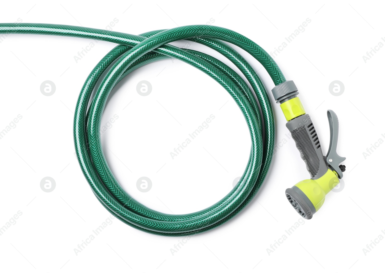 Photo of Green rubber watering hose with nozzle isolated on white, top view