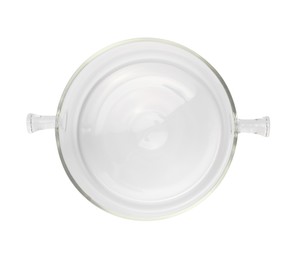 Photo of One glass pot with lid isolated on white, top view