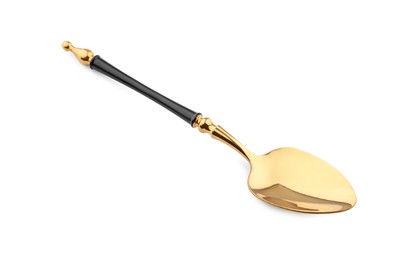 Photo of Elegant shiny golden spoon isolated on white