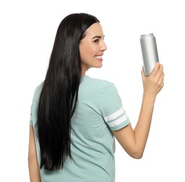 Beautiful happy woman holding beverage can on white background