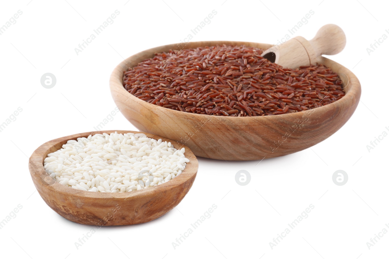 Photo of Bowls with different sorts of rice isolated on white