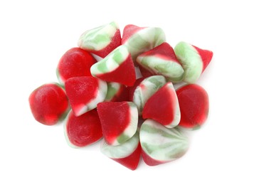 Pile of tasty colorful jelly candies on white background, top view