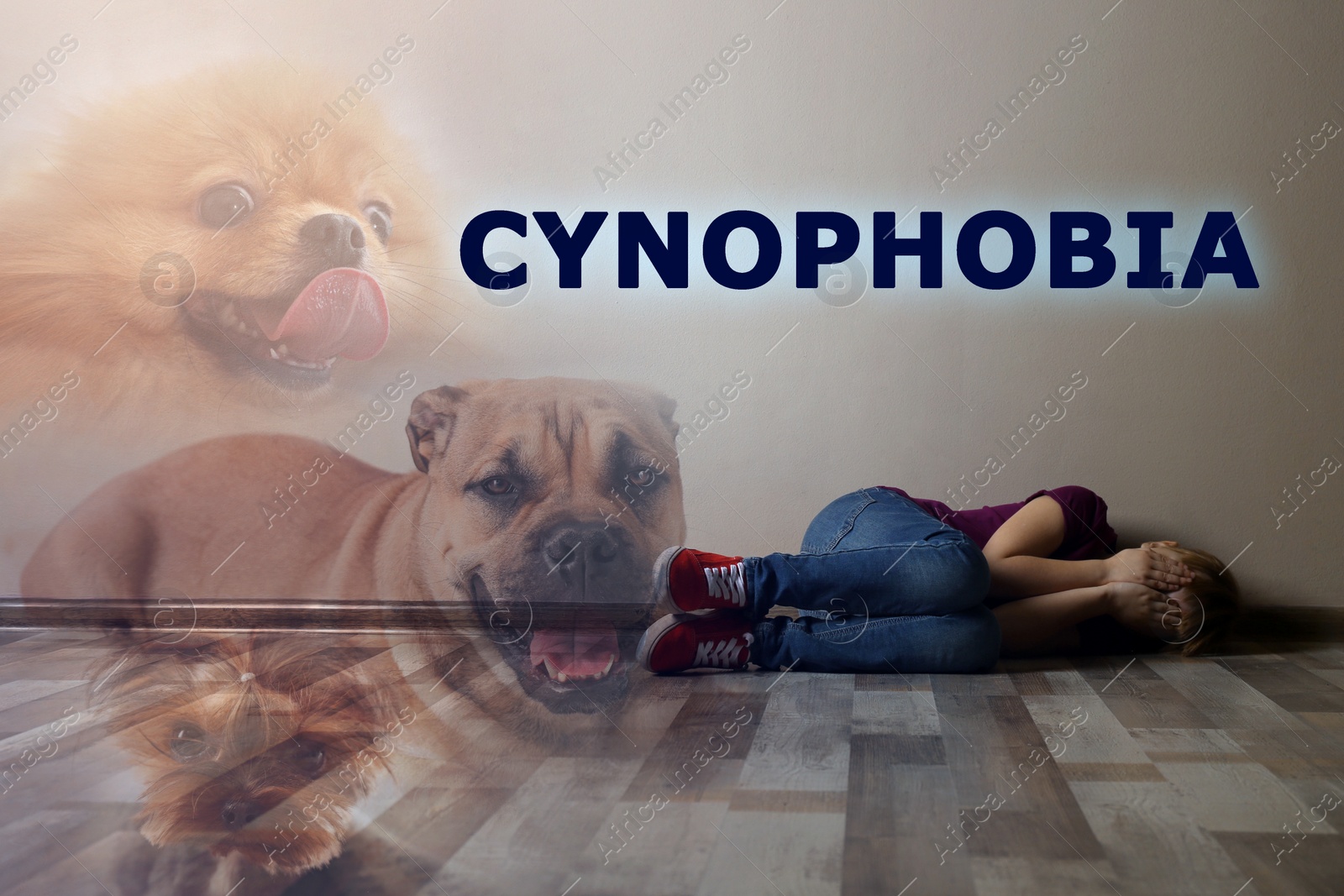 Image of Cynophobia concept. Double exposure of scared little girl and dogs