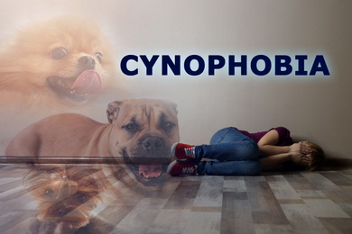 Image of Cynophobia concept. Double exposure of scared little girl and dogs