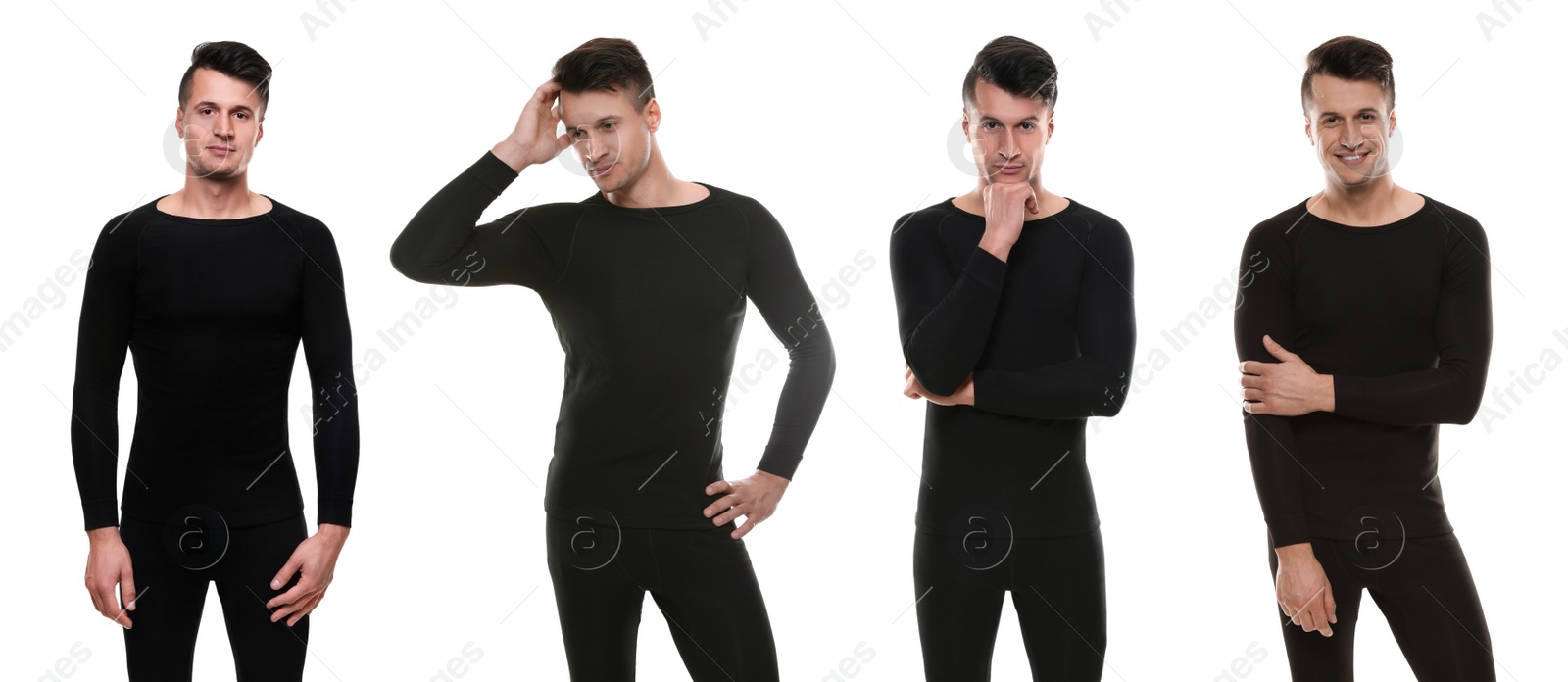 Image of Collage of man wearing thermal underwear isolated on white