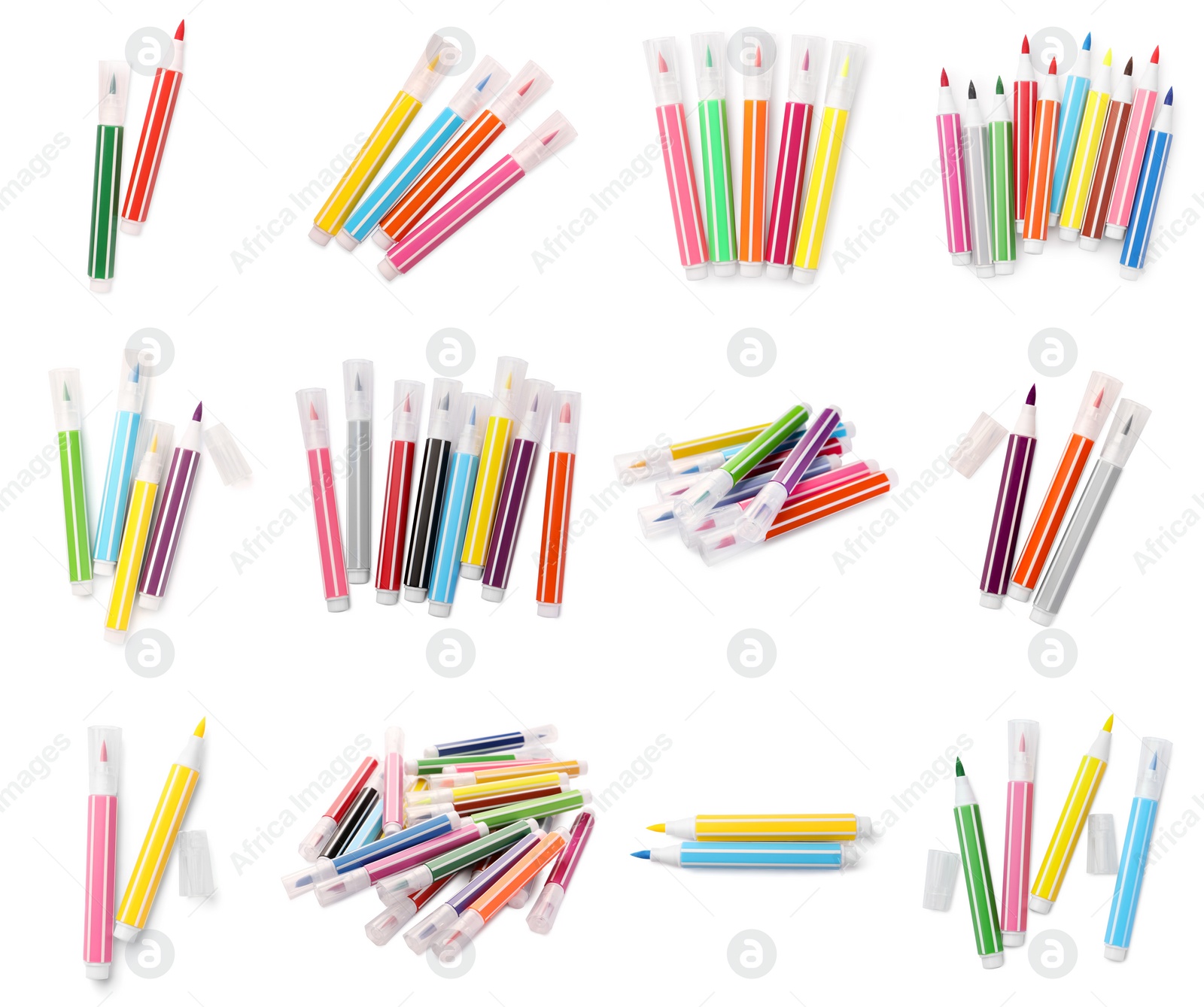 Image of Collage with many colorful felt tip pens on white background