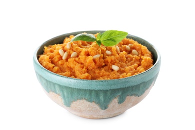 Photo of Bowl with mashed sweet potatoes on white background