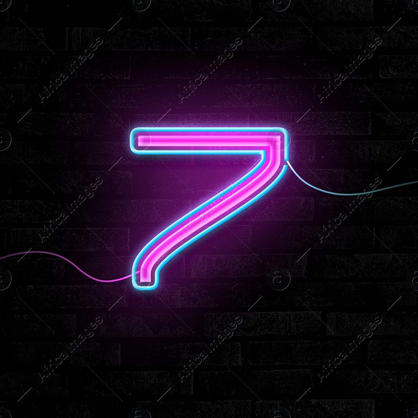 Image of Glowing neon number 7 sign on brick wall