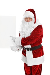 Photo of Happy authentic Santa Claus with blank banner on white background. Space for design