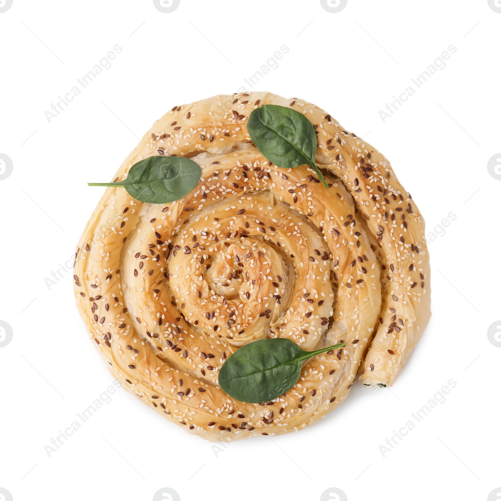 Photo of Delicious puff pastry with spinach isolated on white, top view