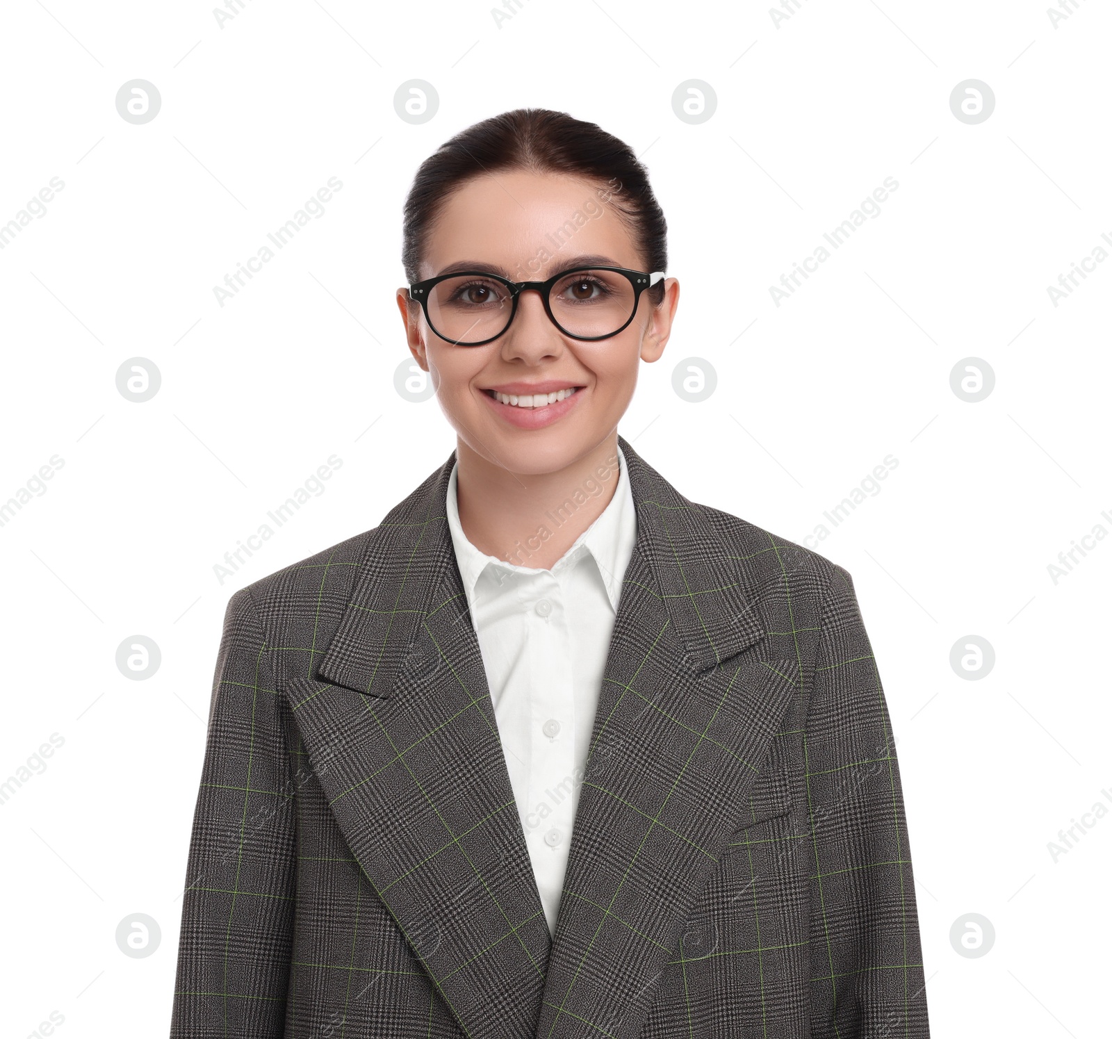 Photo of Beautiful young businesswoman in suit on white background