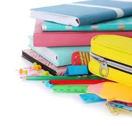 Photo of Different colorful stationery on white background. Back to school