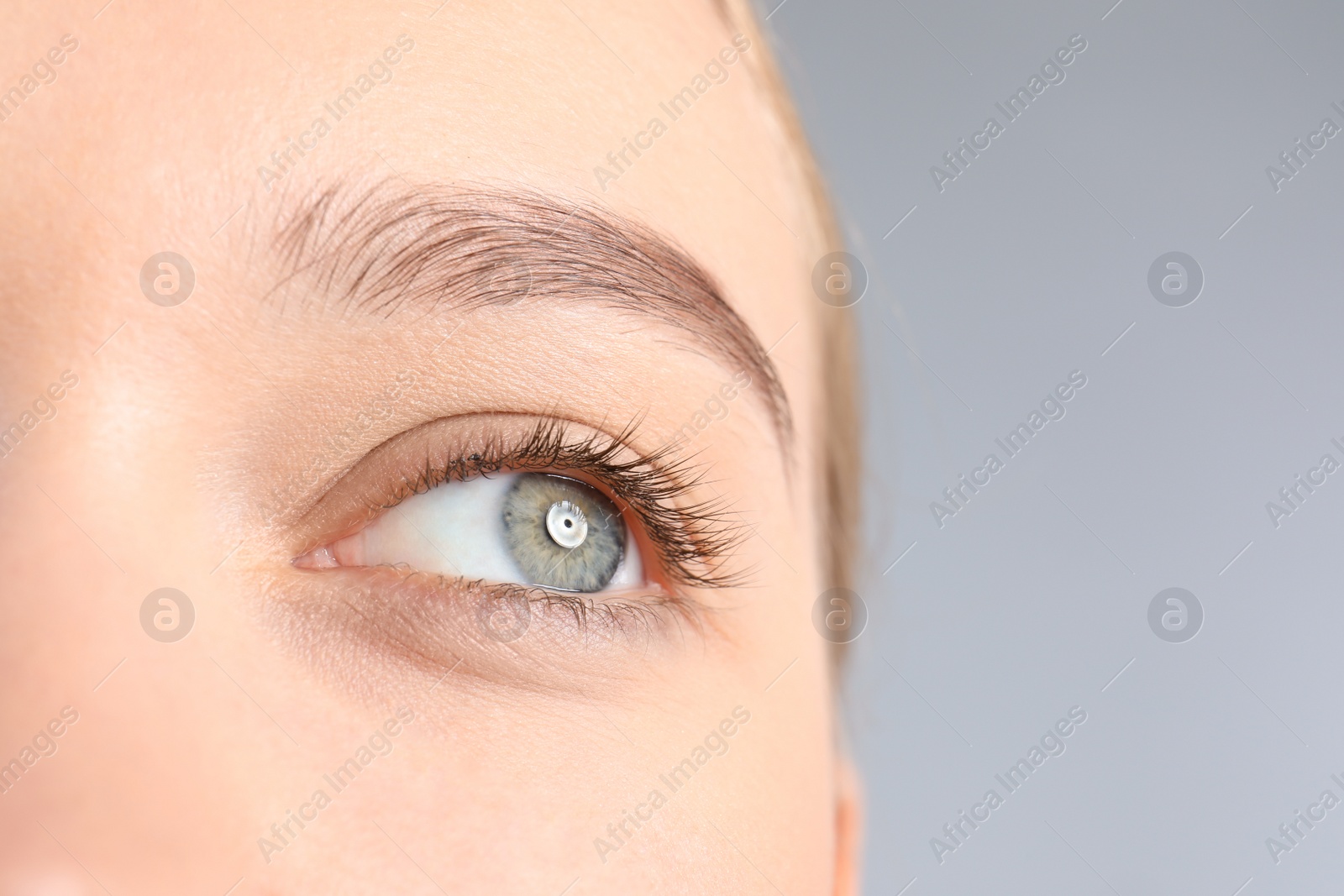 Photo of Young woman with beautiful natural eyelashes on gray background, closeup