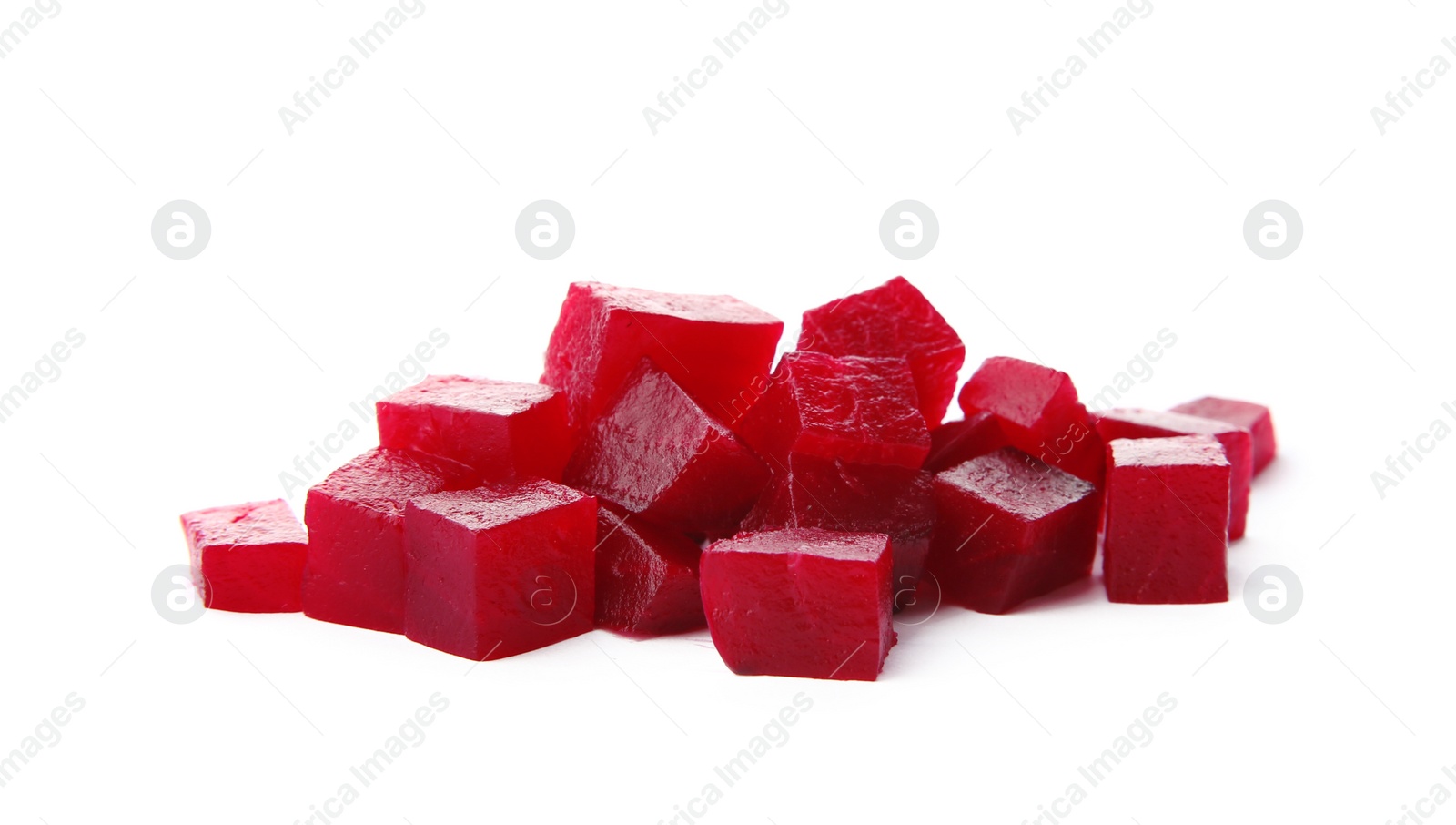 Photo of Heap of cut boiled red beet on white background