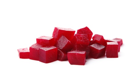 Photo of Heap of cut boiled red beet on white background