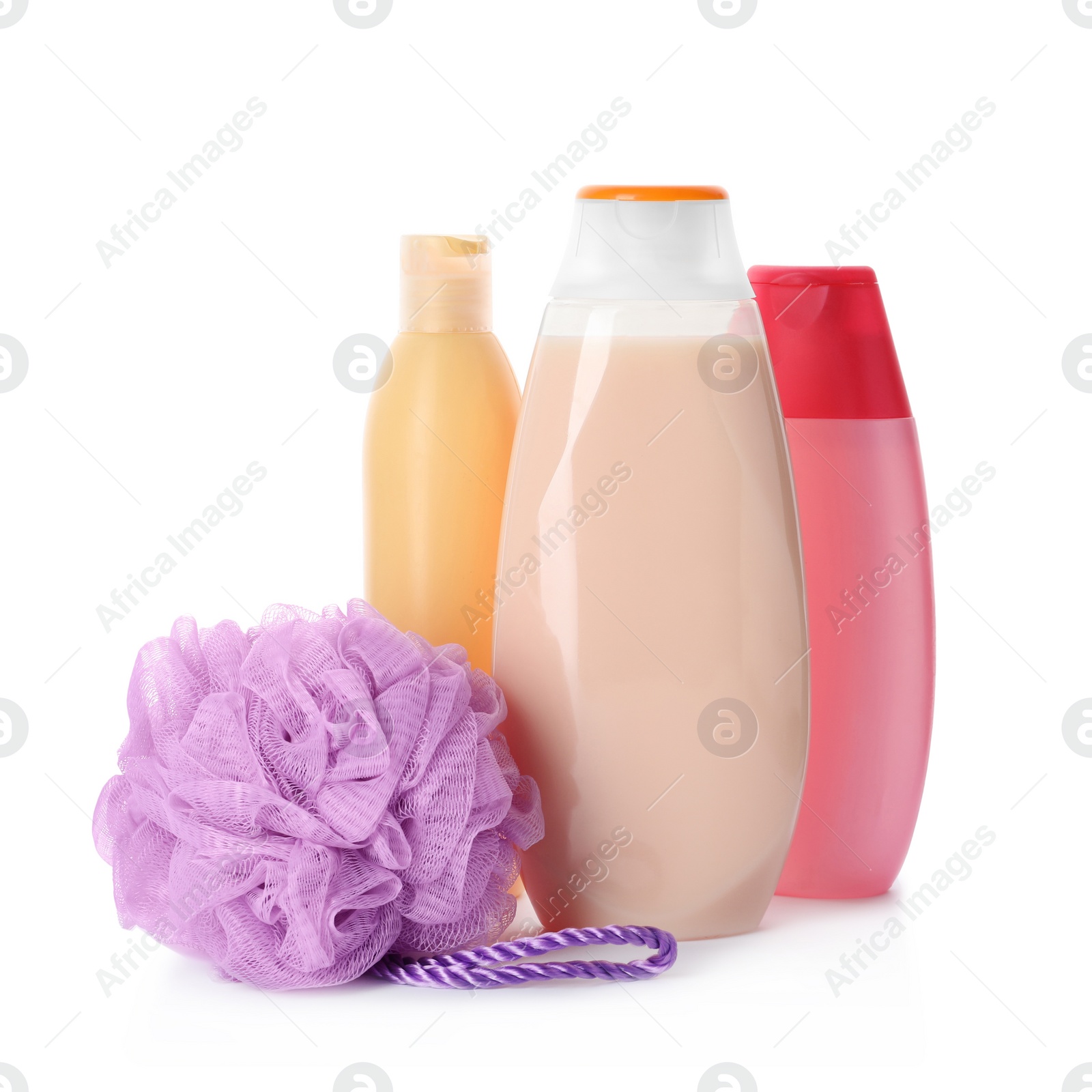 Photo of Personal hygiene products and shower puff on white background