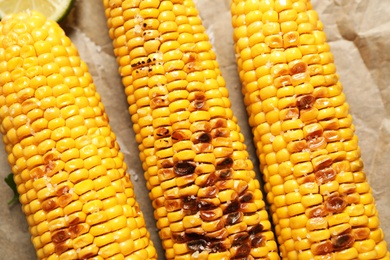Photo of Top view of tasty grilled corn on parchment, closeup