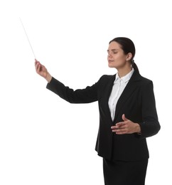 Photo of Professional young conductor with baton on white background