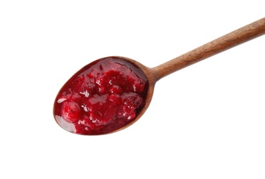 Photo of Spoon with cranberry sauce on white background, top view