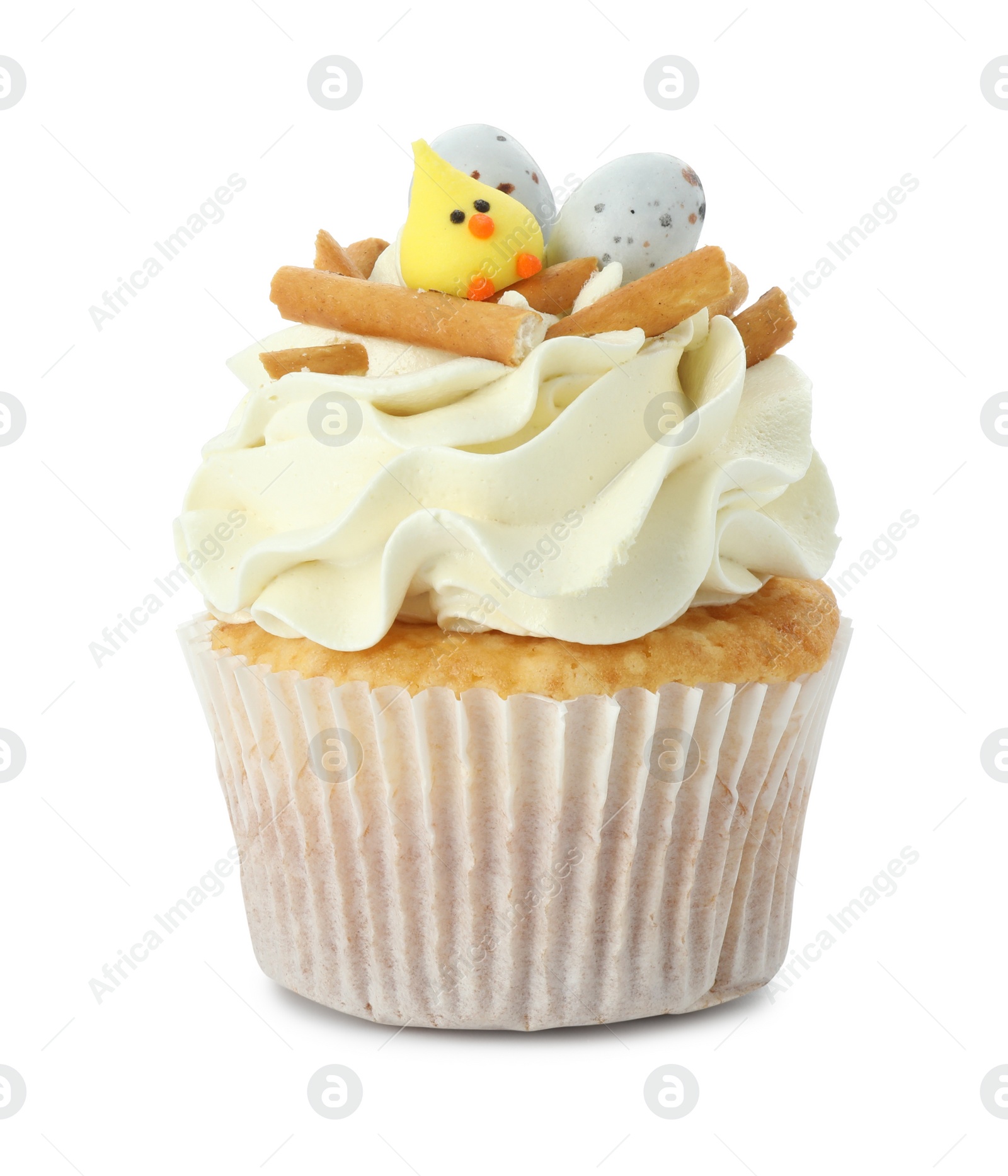 Photo of Tasty Easter cupcake with vanilla cream isolated on white