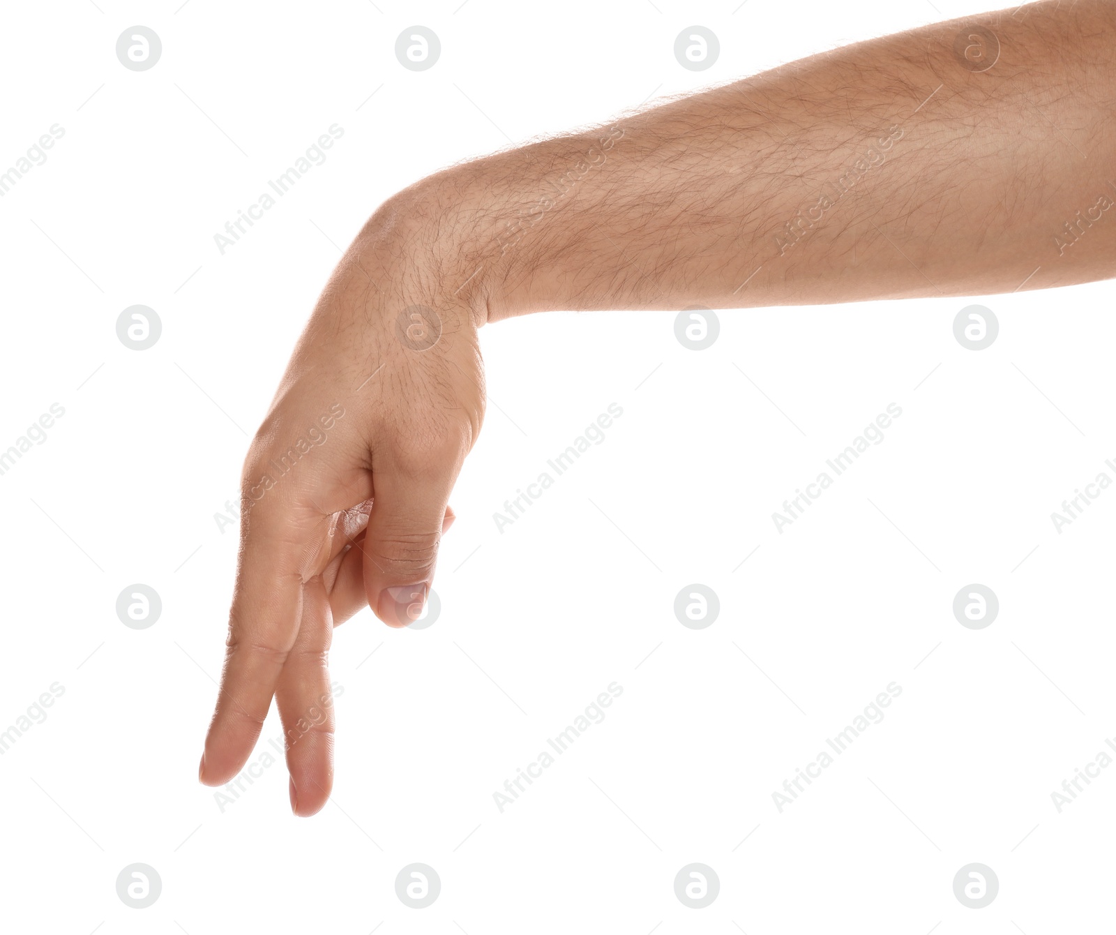 Photo of Man imitating walk with hand on white background, closeup. Finger gesture