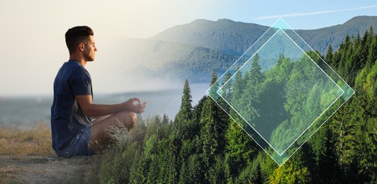 Image of Man meditating near sea and mountain landscape, double exposure. Banner design