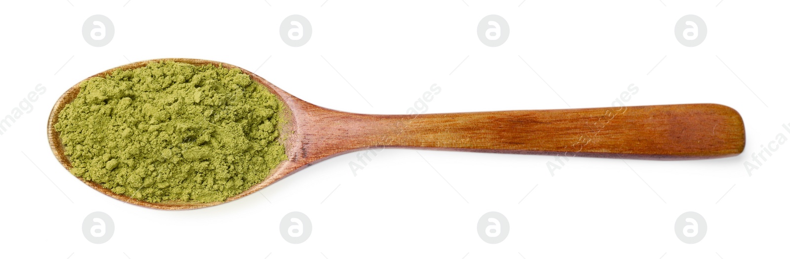 Photo of Henna powder in wooden spoon isolated on , top view