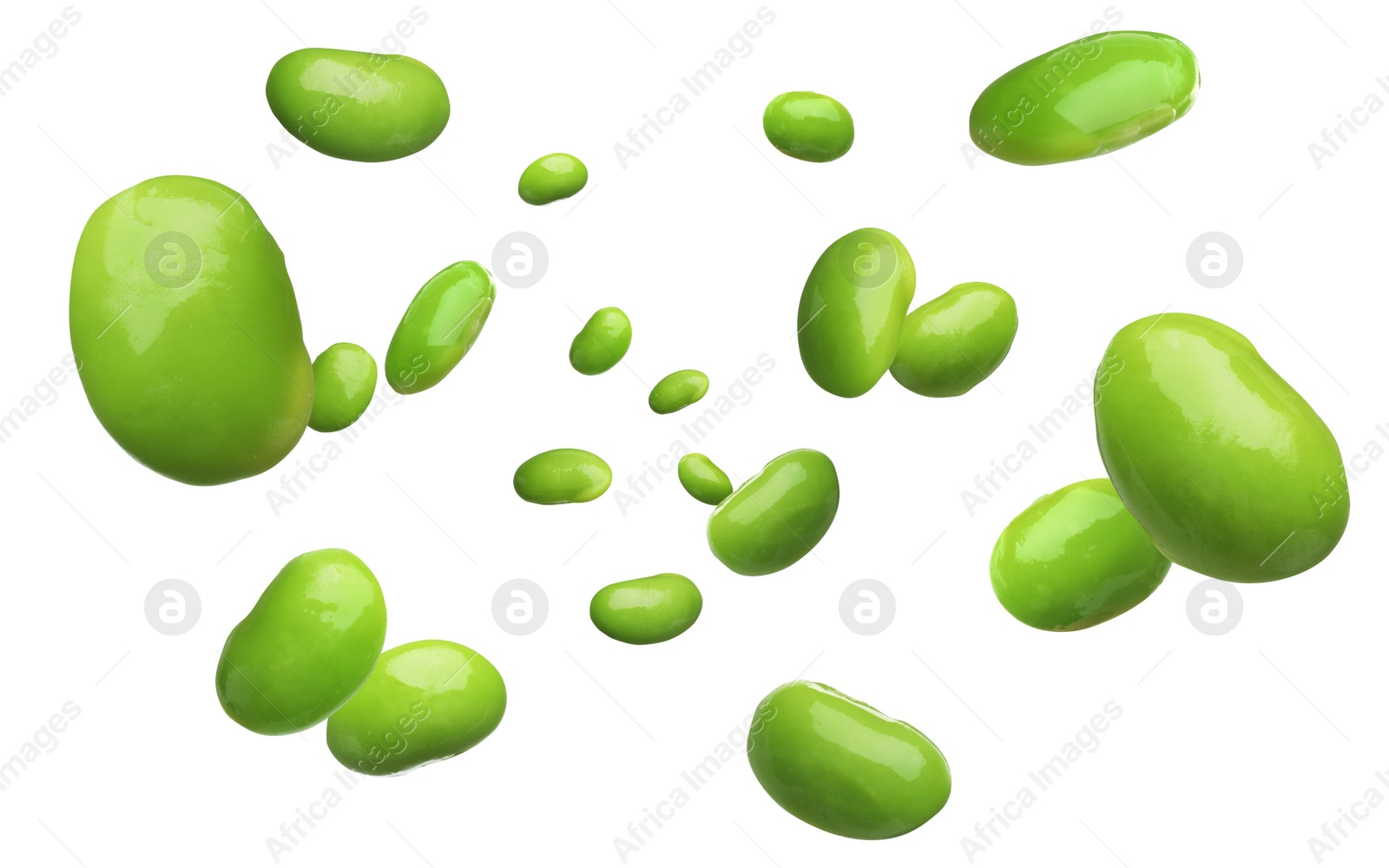 Image of Delicious edamame soybeans falling on white background