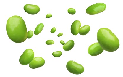 Image of Delicious edamame soybeans falling on white background