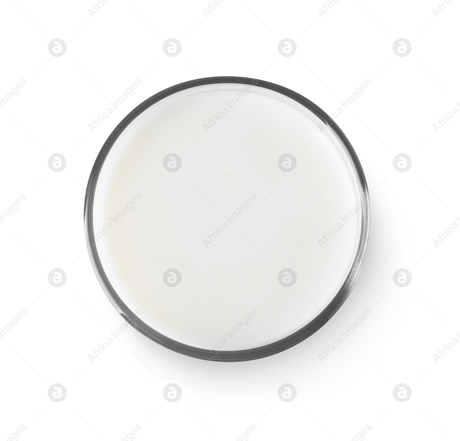 Photo of Glass of fresh milk isolated on white, top view