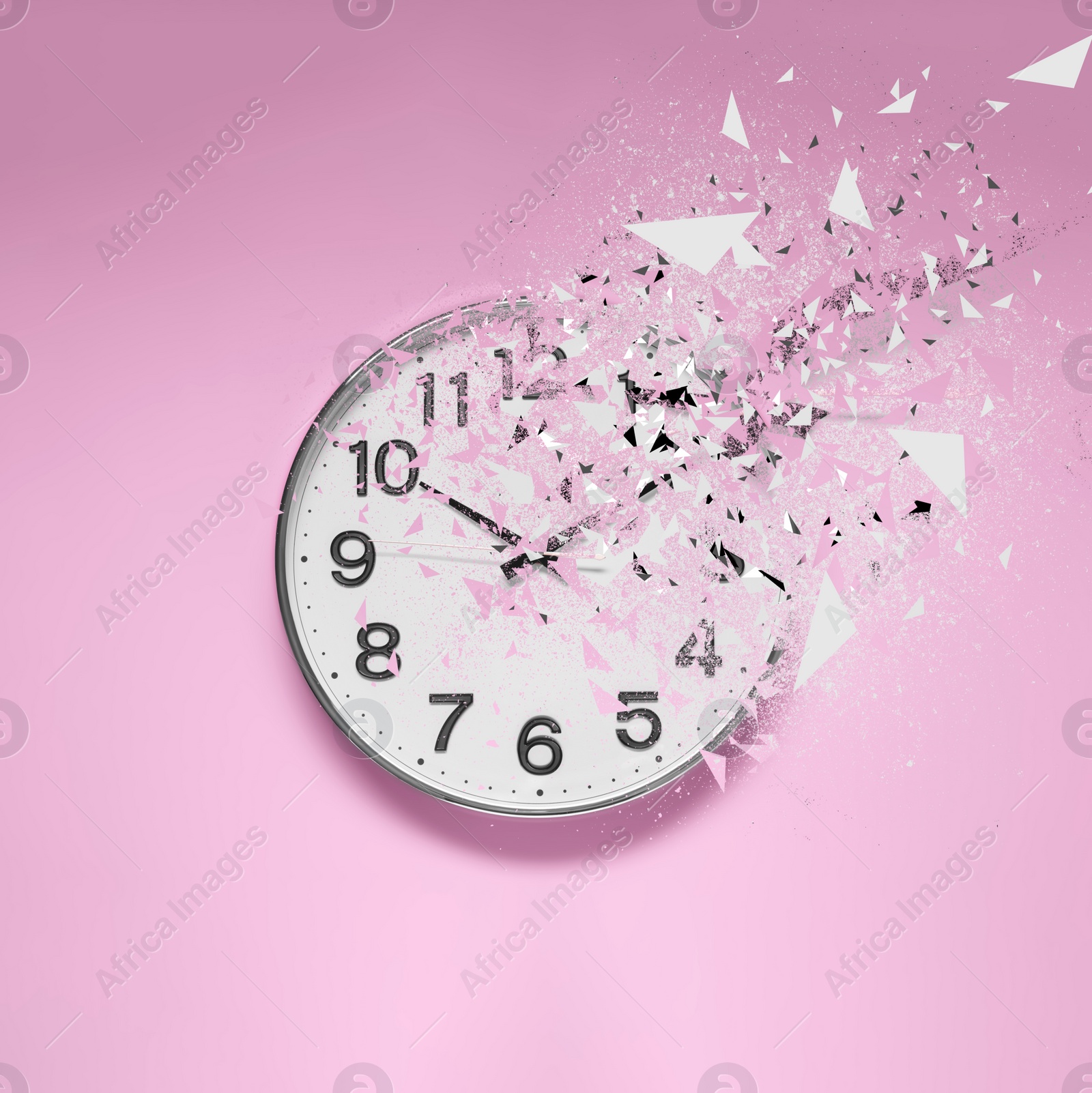 Image of Fleeting time concept. Analog clock dissolving on pink background