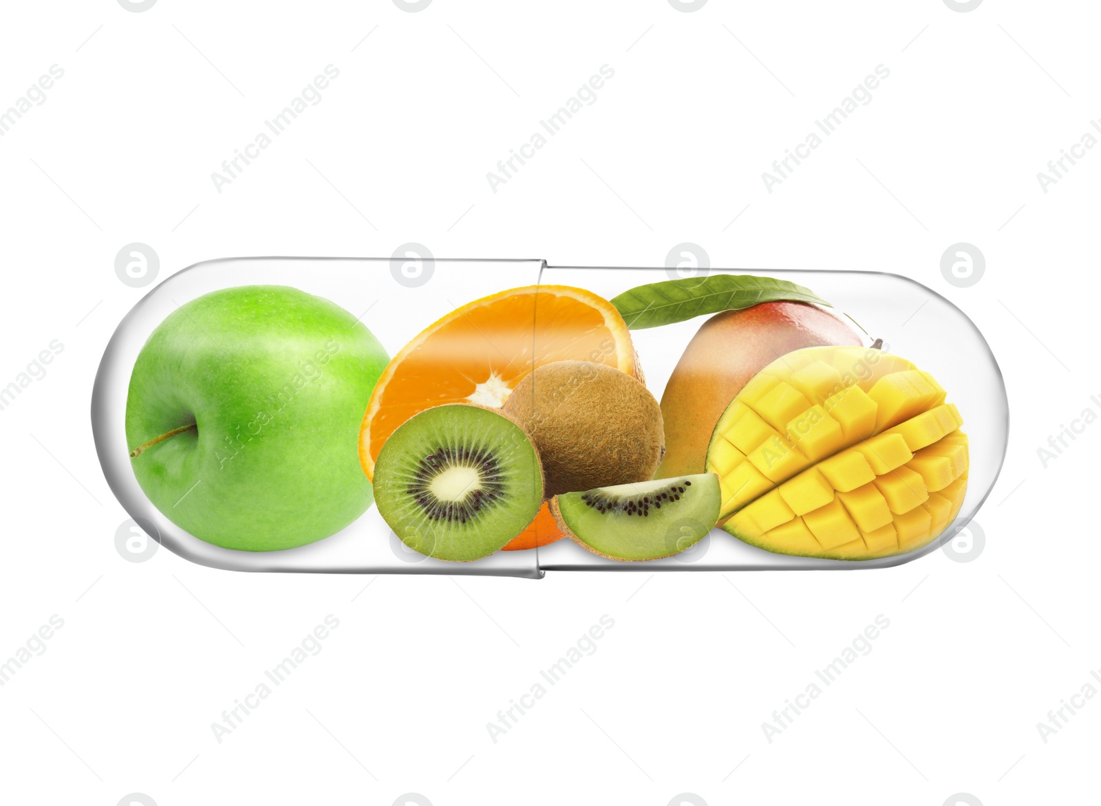 Image of Transparent capsule with different fruits rich in vitamins on white background