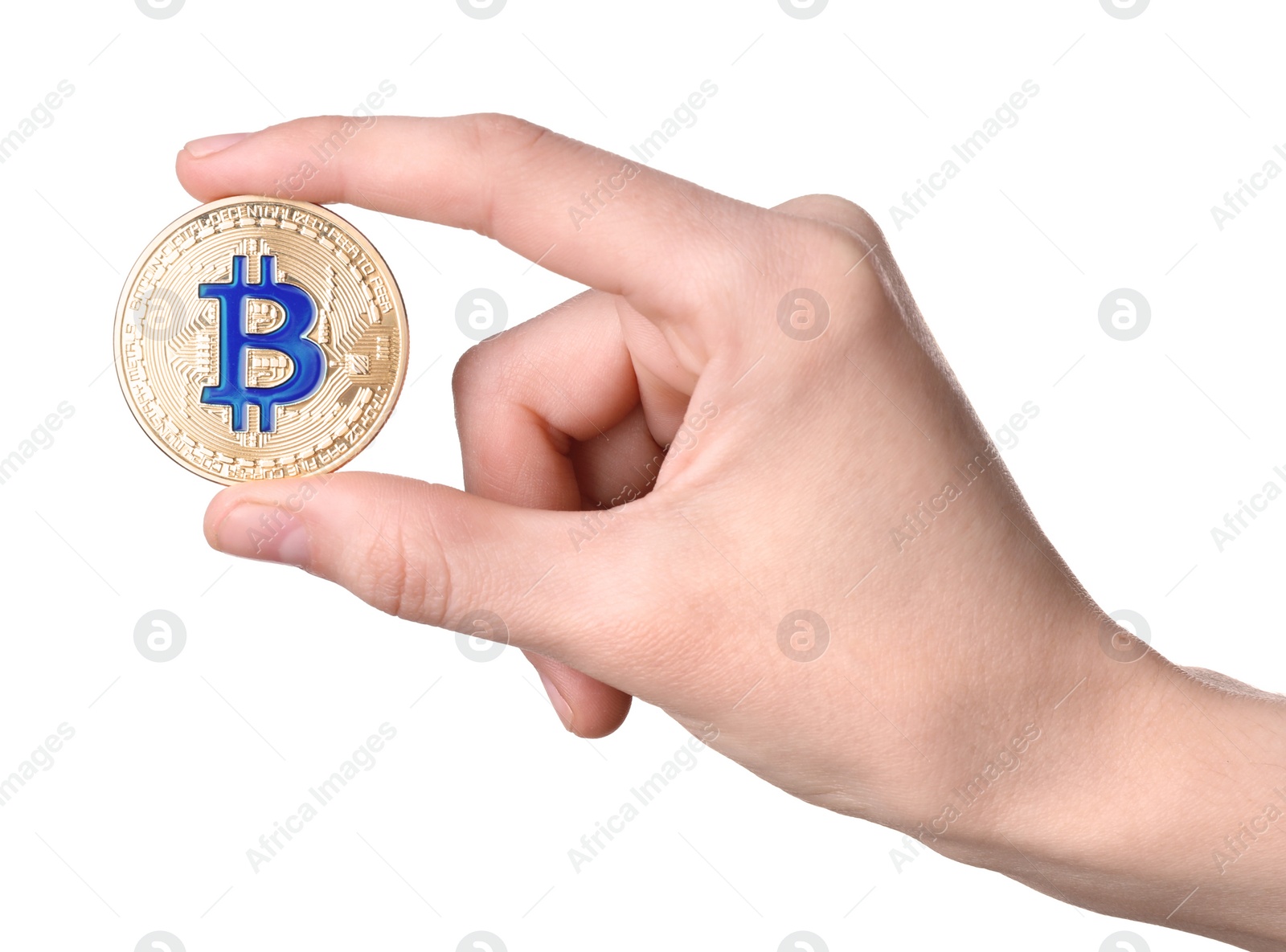 Photo of Person holding bitcoin isolated on white, closeup