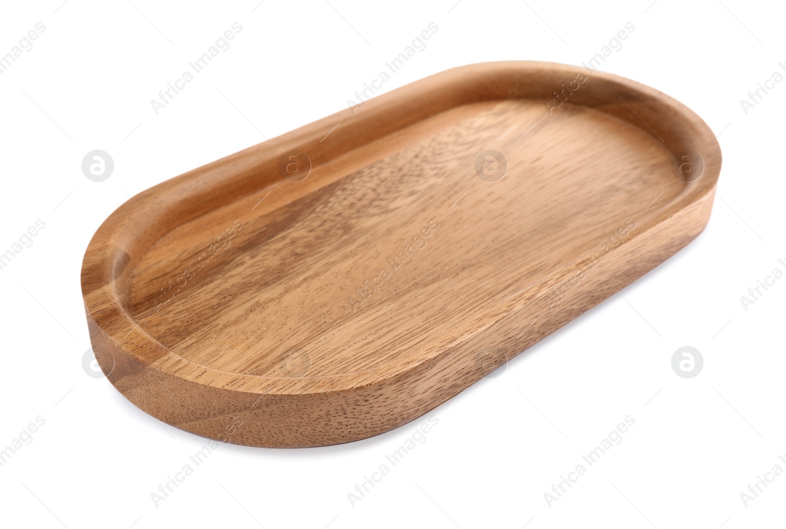 Photo of One new wooden tray on white background