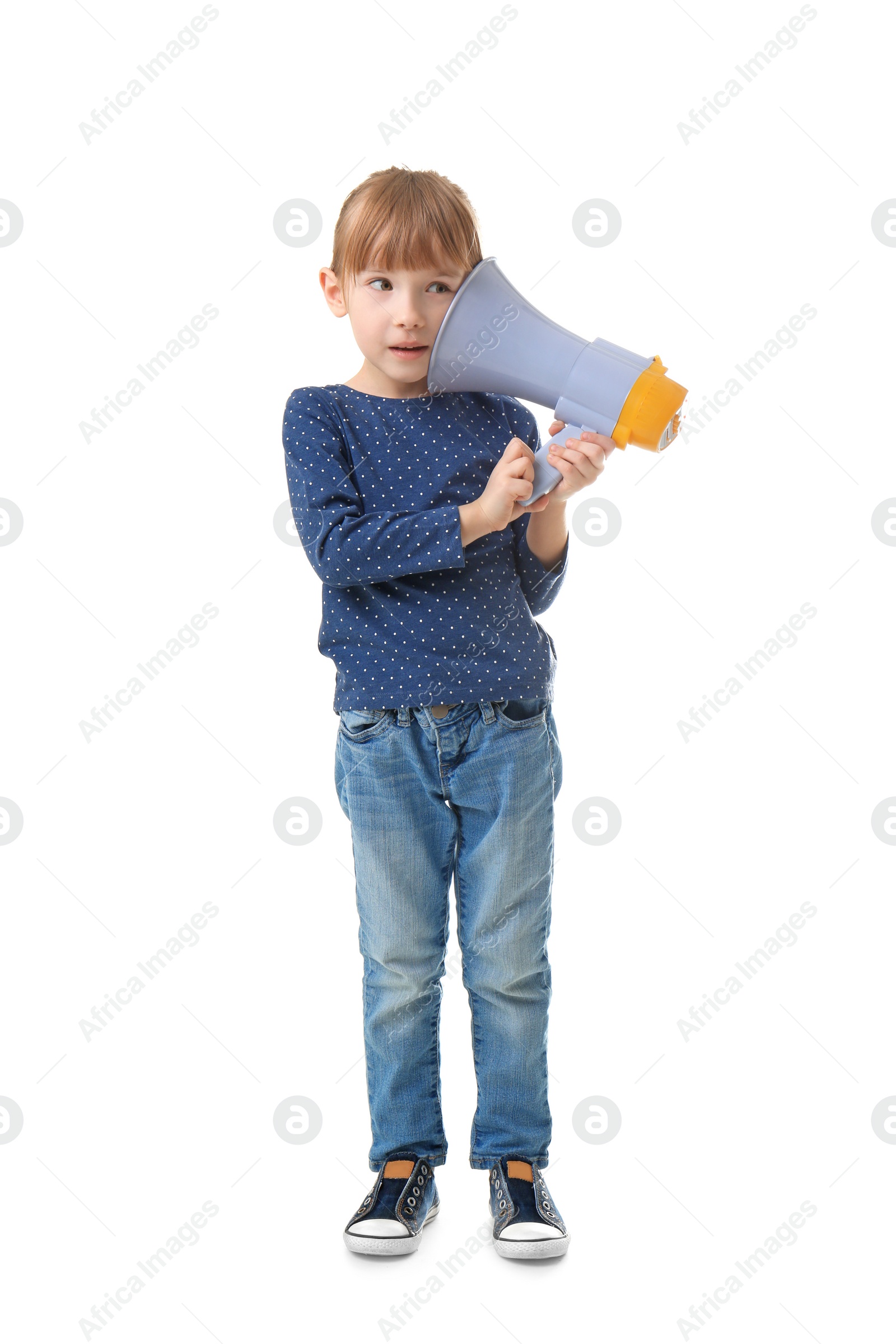 Photo of Cute little girl with megaphone on white background