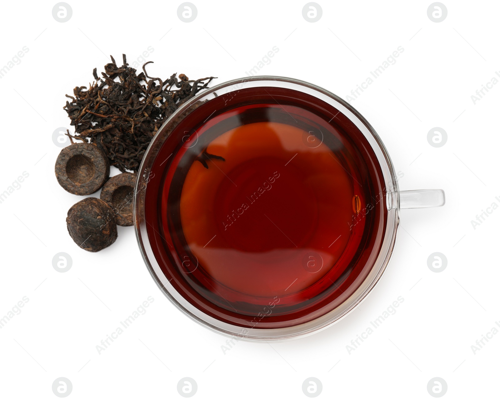 Photo of Traditional Chinese pu-erh tea and freshly brewed beverage isolated on white, top view