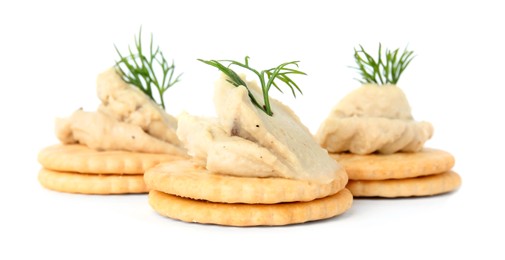 Photo of Delicious crackers with humus and dill on white background