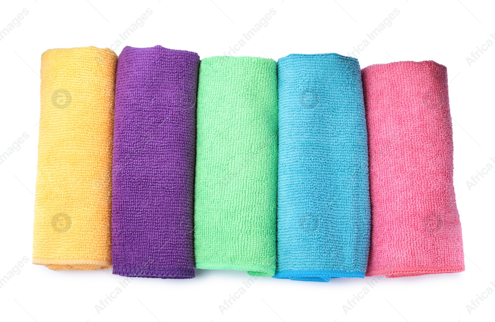 Photo of Colorful microfiber cloths on white background, top view