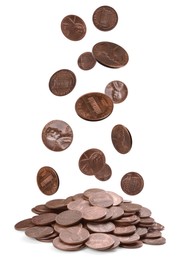Image of American cent coins falling into pile on white background