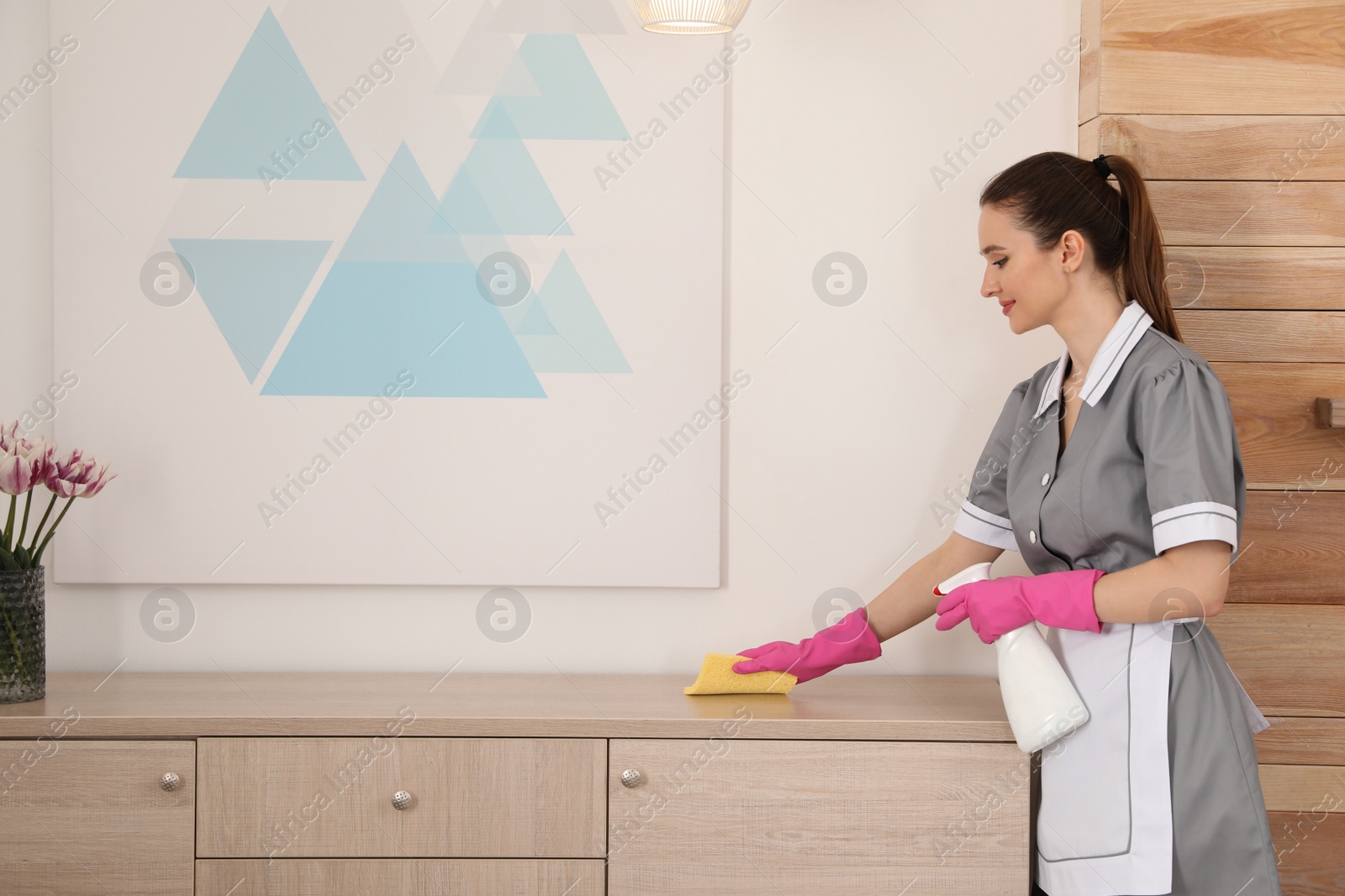 Photo of Young chambermaid wiping dust with rag in hotel room. Space for text