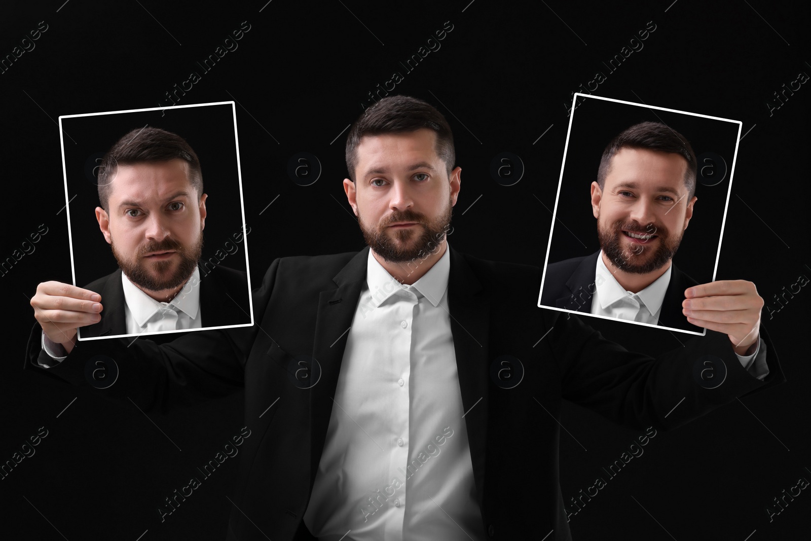 Image of Man holding his photo portraits showing different emotions on black background. Balanced personality