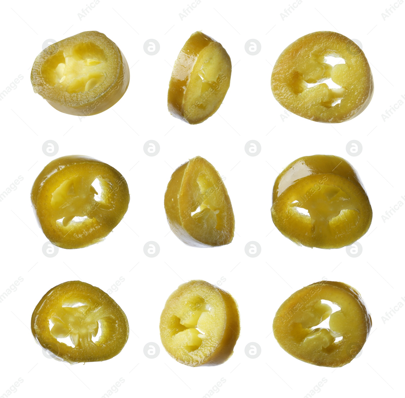 Image of Set with pickled green jalapeno peppers on white background