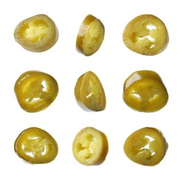 Set with pickled green jalapeno peppers on white background