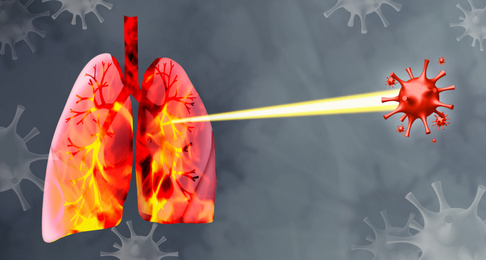 Virus affecting lungs on grey background. Illustration