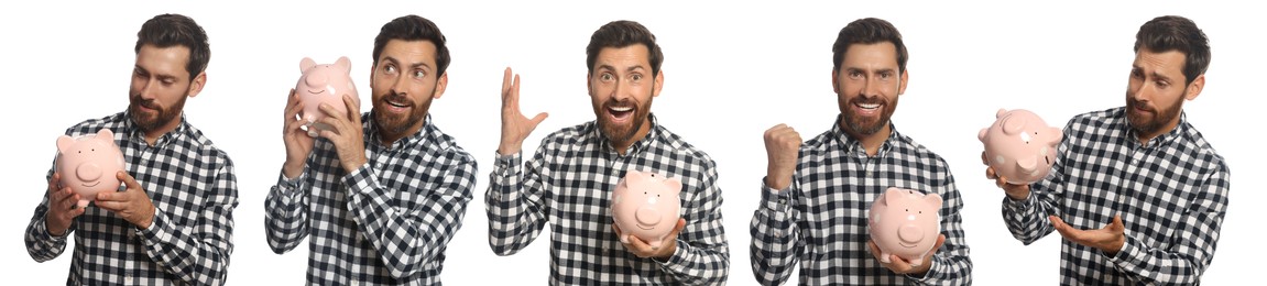 Image of Collage with photos of man holding ceramic piggy banks on white background. Banner design