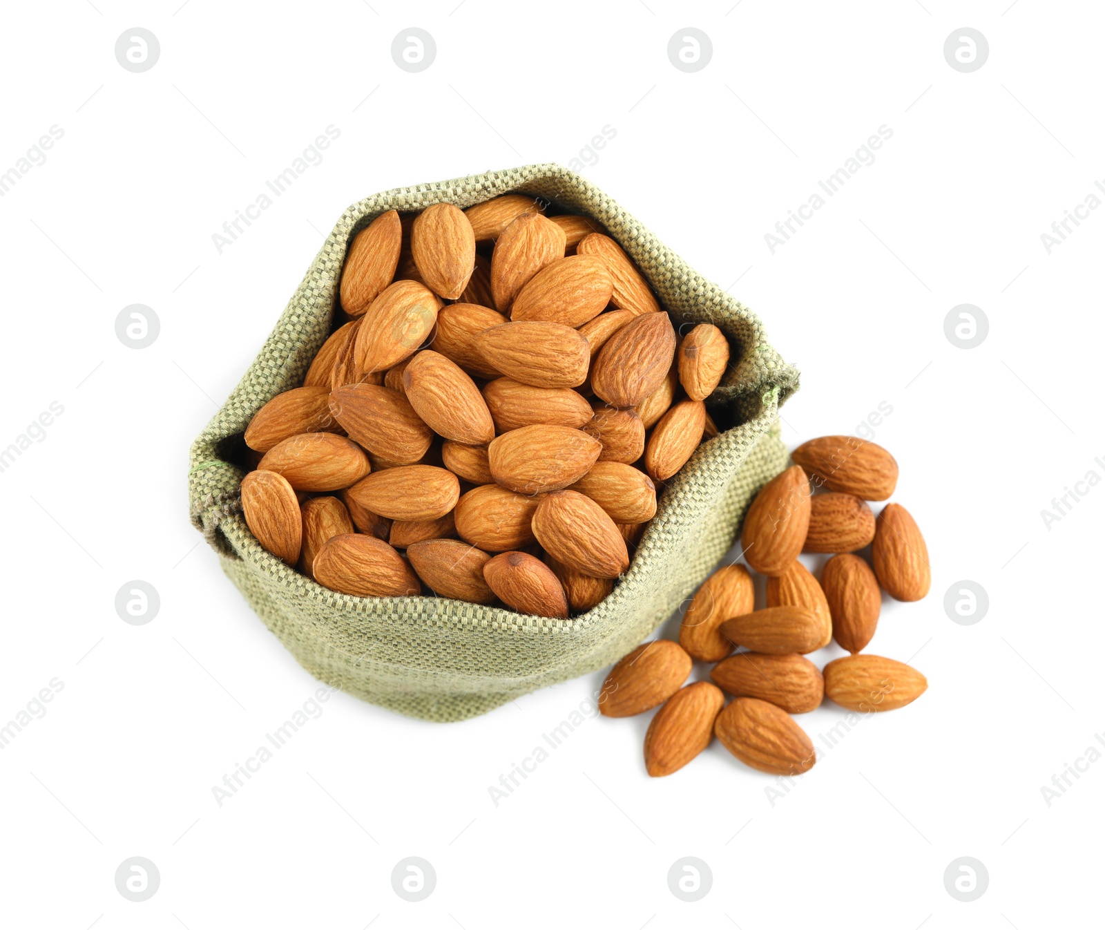 Photo of Sack and organic almond nuts on white background, top view. Healthy snack