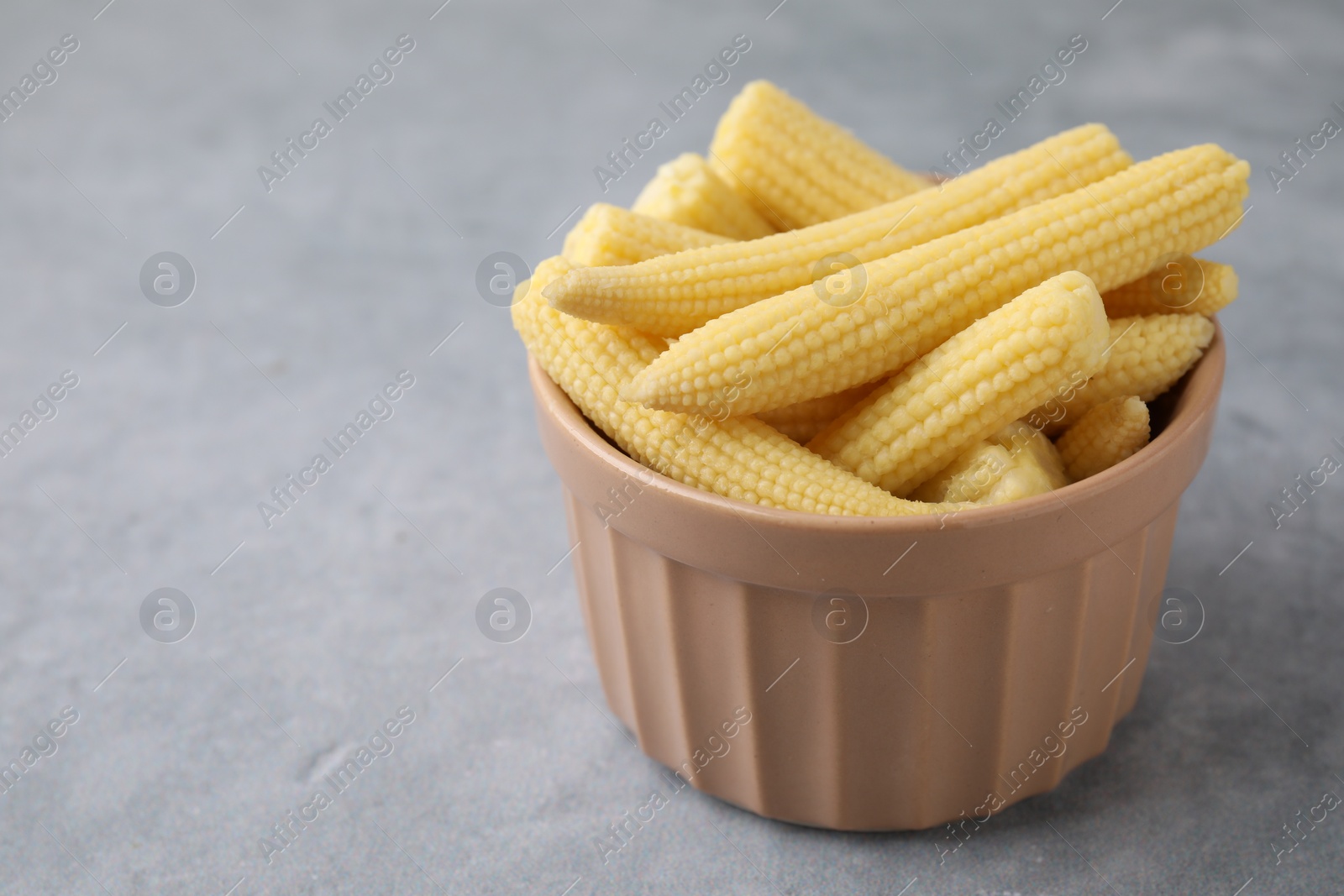 Photo of Tasty fresh yellow baby corns in bowl on grey table, closeup. Space for text