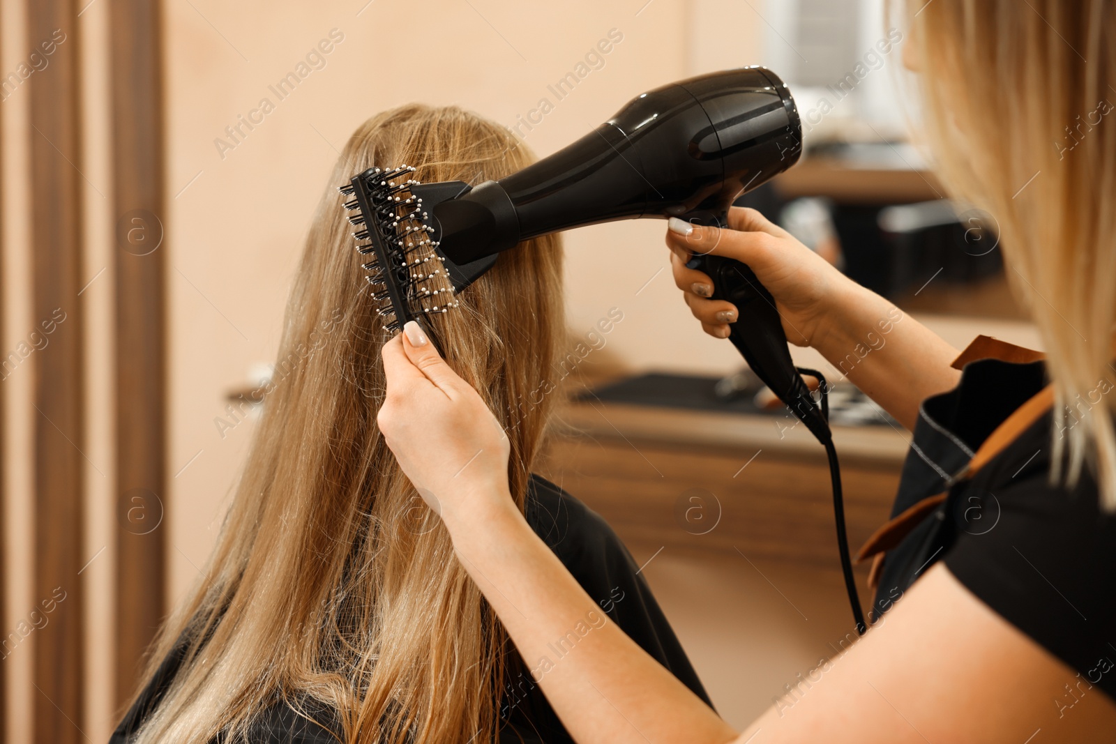 Photo of Professional hairdresser drying girl's hair in beauty salon, closeup