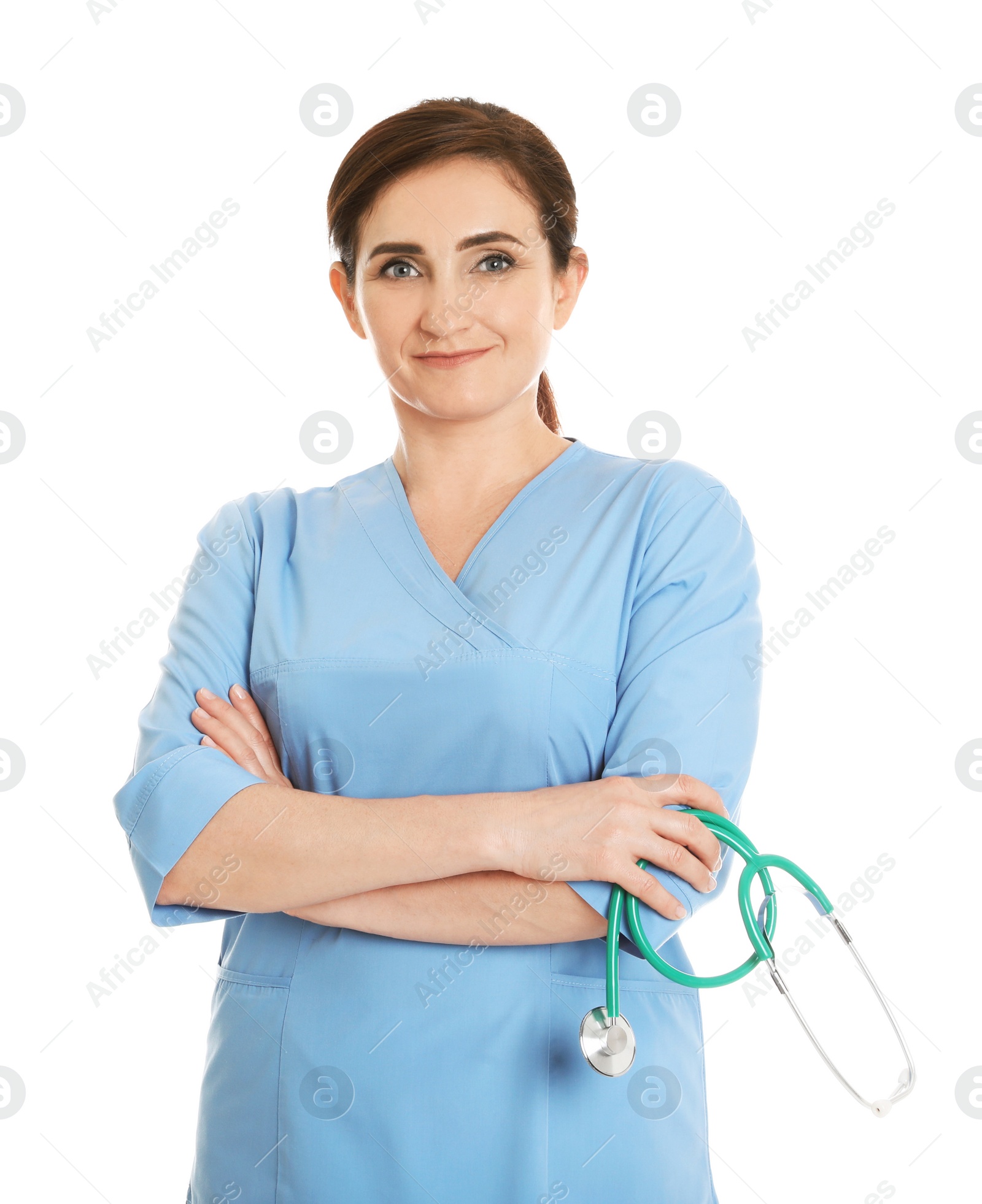 Photo of Portrait of female doctor in scrubs with stethoscope isolated on white. Medical staff