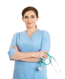 Photo of Portrait of female doctor in scrubs with stethoscope isolated on white. Medical staff